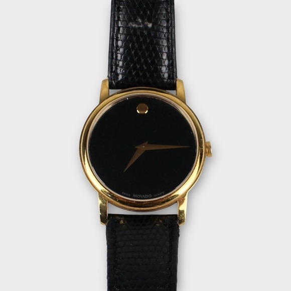 Movado Swiss Quartz Museum Dial Watch Black Face Gold Tone Leather Band Sapphire